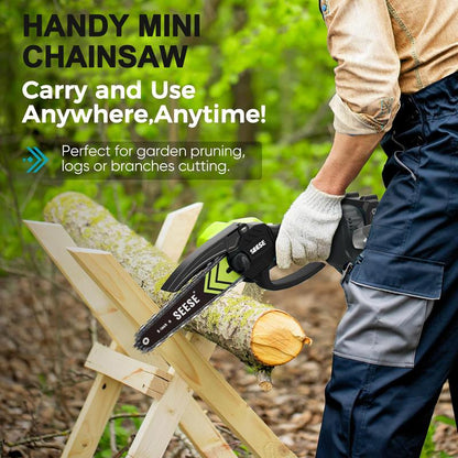 SEESE Brushless Mini Chainsaw – Portable Cordless Electric Saw with Oil System, 2000mAh Battery, Wood Cutting & Pruning