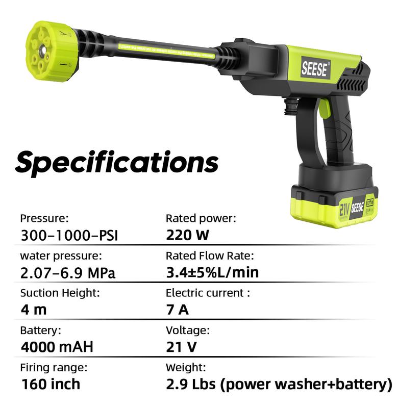 SEESE Portable Cordless Pressure Washer – Includes Single Charger Base, Ideal for Car, Home & Garden Use