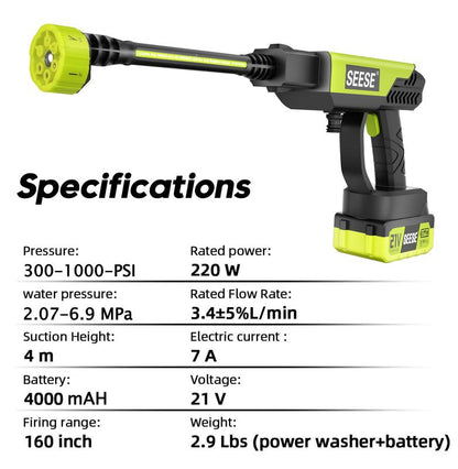 SEESE Portable Cordless Pressure Washer – Includes Single Charger Base, Ideal for Car, Home & Garden Use